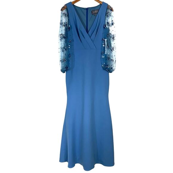 NWT Theia Kiera Beaded Puff Sleeve Gown in Storm Blue Size 4 - Picture 2 of 16